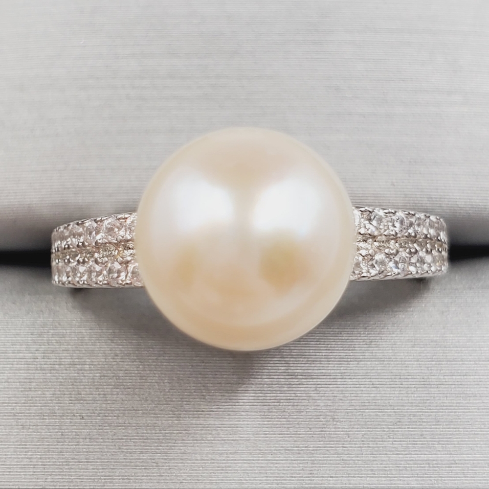 Akoya Cream Pearl & Simulated Pave Diamond Ring Platinum | 925 Sterling Silver